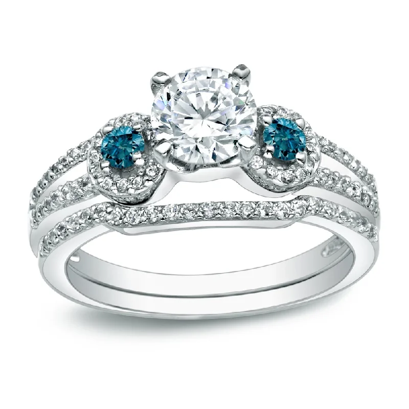 British Style Auriya 14k Gold Round 1ctw 3-Stone Diamond Engagement Ring Set with Blue Diamond Accents British Style Auriya 14k Gold Round 1ctw 3-Stone Diamond Engagement Ring Set with Blue Diamond Accents