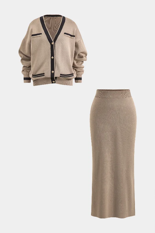 Easy Fashion Knit Button Pocket Long-Sleeve Cardigan  And Skirt Set