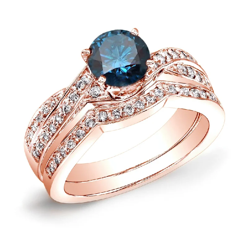 Modern Tailoring Auriya 14k Rose Gold 3/4ctw Twisted Round Blue Diamond Engagement Ring Set Modern Tailoring Auriya 14k Rose Gold 3/4ctw Twisted Round Blue Diamond Engagement Ring Set