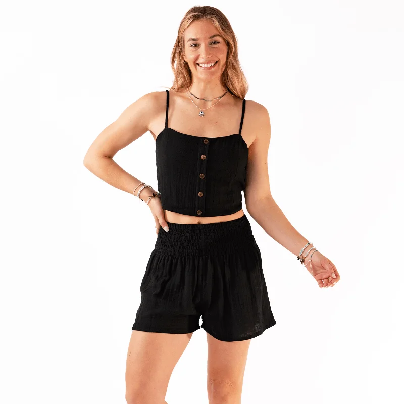 Simple Style Black Cotton Crop Top & Shorts Lounge Set