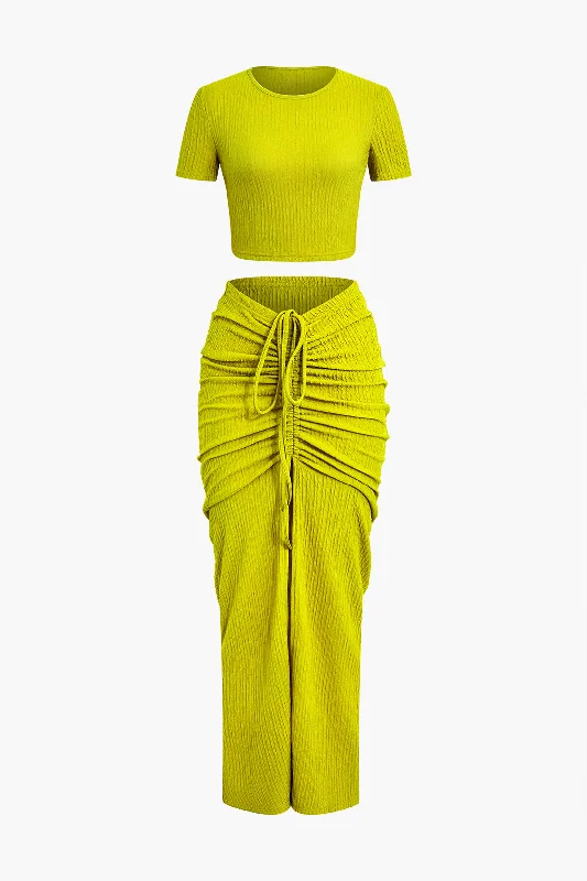 Relaxed Wear Textured Crop Top And Drawstring Ruched Skirt Set