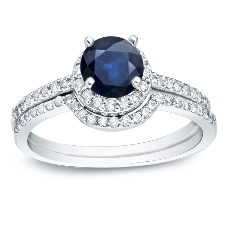 Fashionable Prints Auriya Platinum 3/5ct Blue Sapphire and 2/5ct TDW Round Halo Diamond Engagement Ring Set Fashionable Prints Auriya Platinum 3/5ct Blue Sapphire and 2/5ct TDW Round Halo Diamond Engagement Ring Set