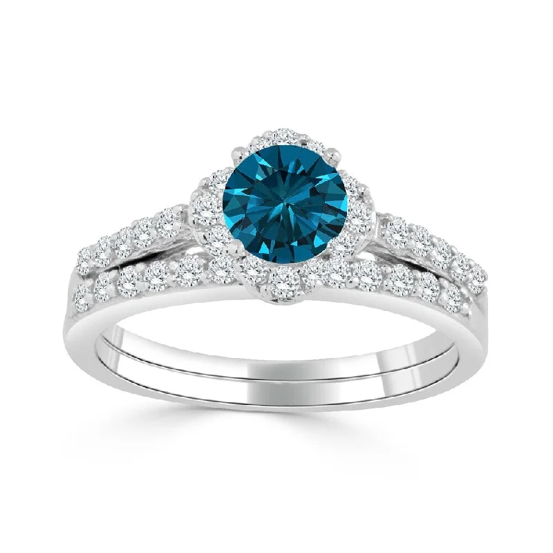 Classic Style Auriya 14k Gold 1ctw Round Blue Halo Diamond Engagement Ring Set
