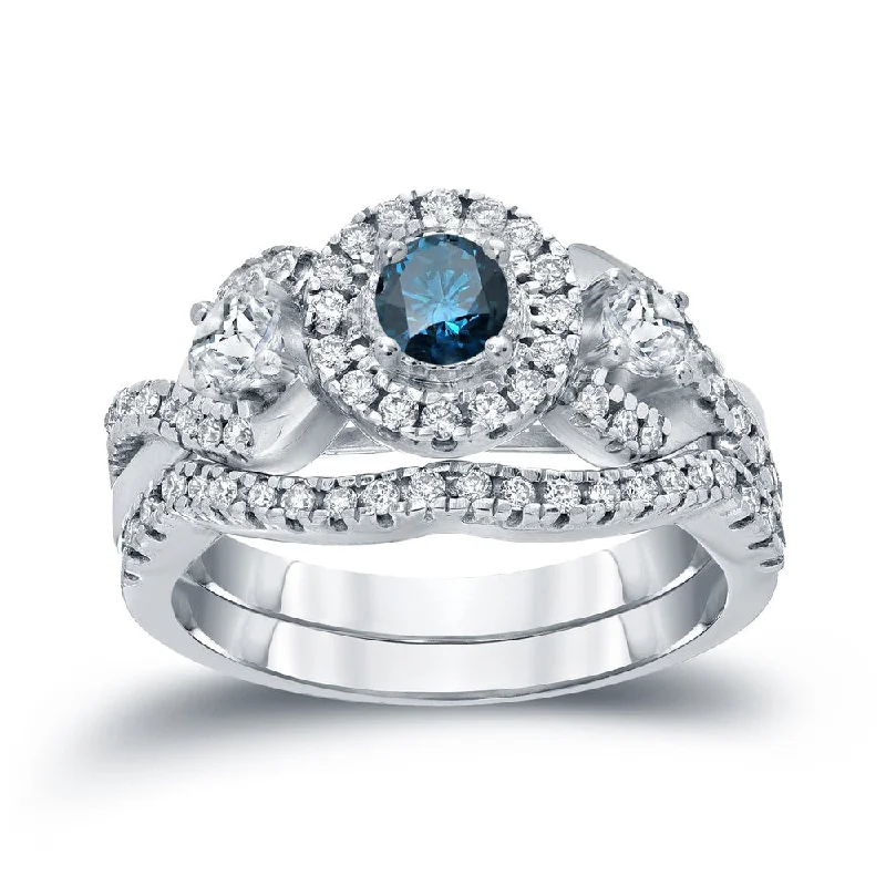 High Street Design Auriya 3/4ctw Vintage Inspired Blue Halo Diamond Engagement Ring Set 14k Gold High Street Design Auriya 3/4ctw Vintage Inspired Blue Halo Diamond Engagement Ring Set 14k Gold
