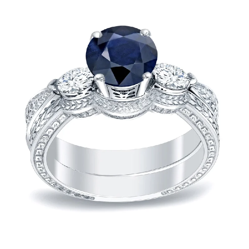 Practical Style Auriya Platinum 1/2ct Vintage Sapphire & 3-Stone Diamond Engagement Ring Set 1/3ctw Practical Style Auriya Platinum 1/2ct Vintage Sapphire & 3-Stone Diamond Engagement Ring Set 1/3ctw