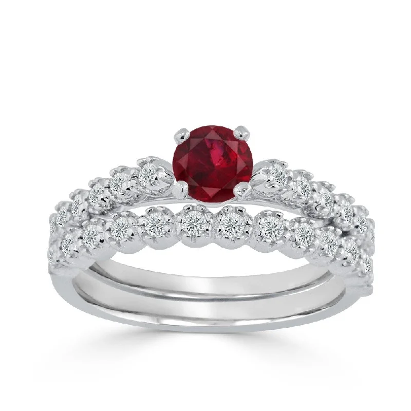 French Style Auriya Round 3/8ct Red Ruby and 1/8 TDW Diamond Engagement Ring Set 14k Gold French Style Auriya Round 3/8ct Red Ruby and 1/8 TDW Diamond Engagement Ring Set 14k Gold