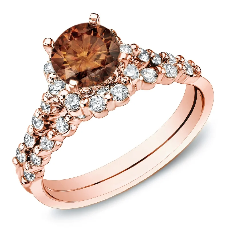 Elegant Design Auriya 14k Rose Gold 1 1/2ct TDW Brown Round Diamond Bridal Set Ring (SI1-SI2) Elegant Design Auriya 14k Rose Gold 1 1/2ct TDW Brown Round Diamond Bridal Set Ring (SI1-SI2)