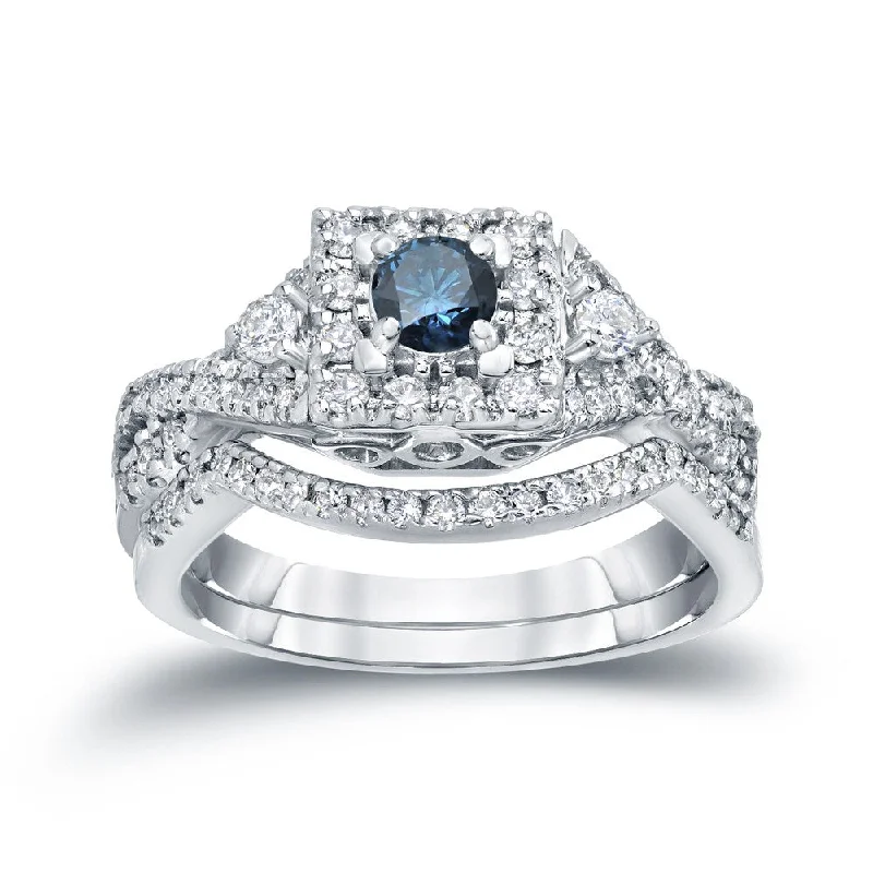 Fashion Must-have Auriya 3/4ctw Vintage Inspired Blue 3-Stone Halo Diamond Engagement Ring Set 14k Gold Fashion Must-have Auriya 3/4ctw Vintage Inspired Blue 3-Stone Halo Diamond Engagement Ring Set 14k Gold