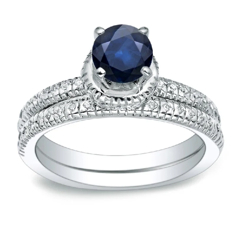 Comfortable Mind Auriya 14k Gold 3/4ct Round Blue Sapphire and 1/4ctw Diamond Engagement Ring Set Comfortable Mind Auriya 14k Gold 3/4ct Round Blue Sapphire and 1/4ctw Diamond Engagement Ring Set