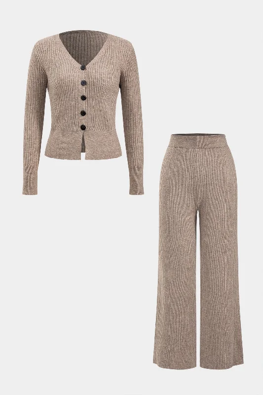 Simple Elegance Knit Button V-Neck Long Sleeve Top And Trousers Set
