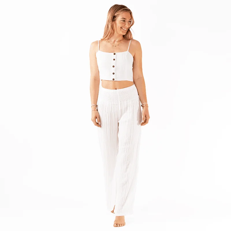 Denim Design White Cotton Crop Top & Wide Leg Pants Lounge Set