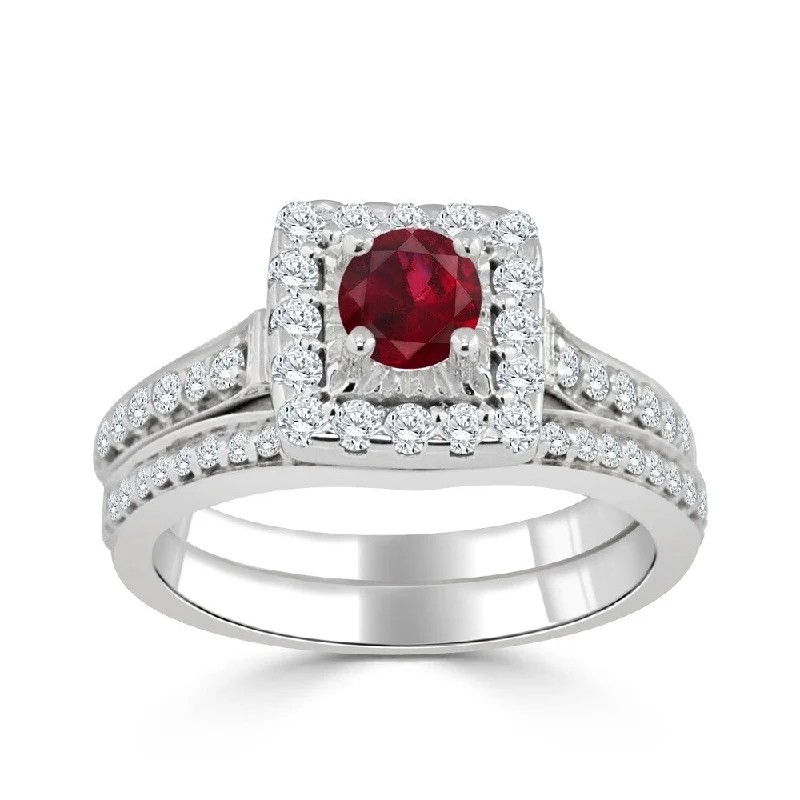 Short Design Auriya Round 2/5ct Red Ruby and 5/8cttw Diamond Halo Engagement Ring Set 14k Gold Short Design Auriya Round 2/5ct Red Ruby and 5/8cttw Diamond Halo Engagement Ring Set 14k Gold