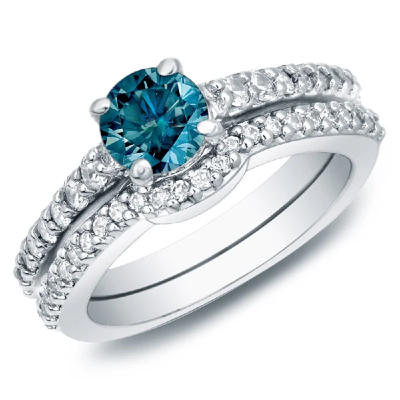 High-end Fashion Auriya 14k Gold 1ct TW Round Blue Diamond Engagement Ring Set