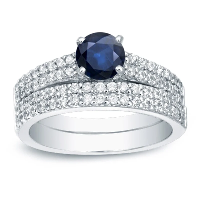 Unique Prints Auriya Platinum 3/4ct Blue Sapphire and 3/4ctw Diamond Engagement Ring Set Unique Prints Auriya Platinum 3/4ct Blue Sapphire and 3/4ctw Diamond Engagement Ring Set