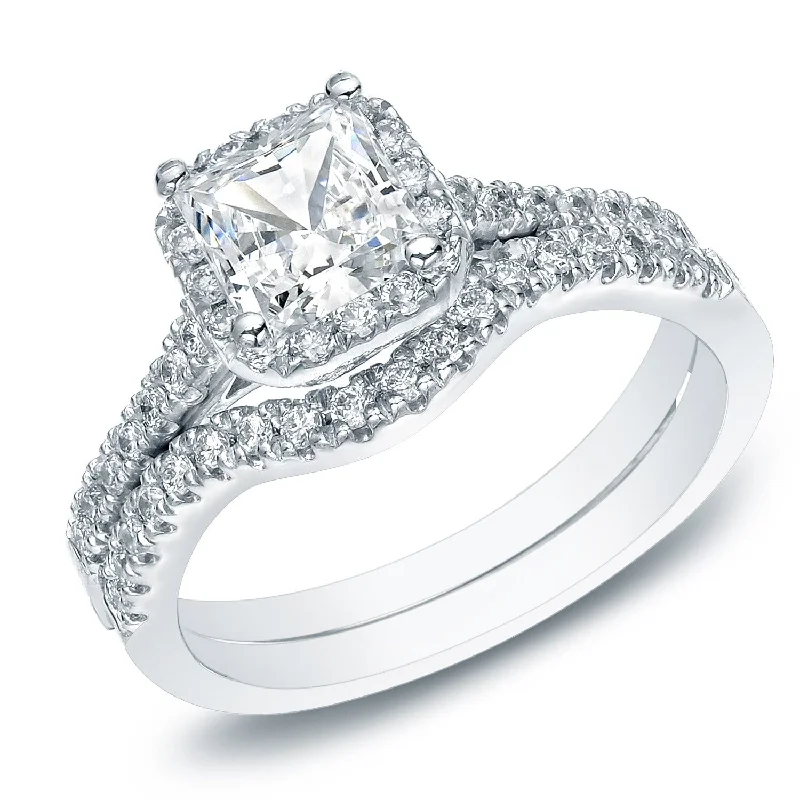 Retro Fashion Auriya 14k Gold 1 1/5ctw Princess-cut Diamond Halo Engagement Ring Bridal Set