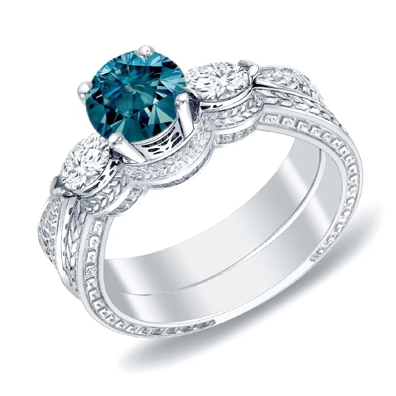 End Of The Year Auriya 14k Gold 4/5ctw Blue Diamond 3-stone Engagement Ring Set