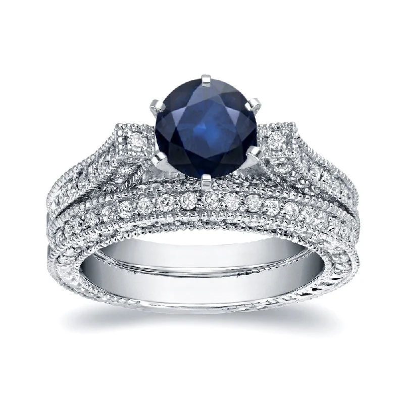 High-end Customization Auriya 14k Gold 1ct Vintage Sapphire and Diamond Engagement Ring Set 1ct TDW High-end Customization Auriya 14k Gold 1ct Vintage Sapphire and Diamond Engagement Ring Set 1ct TDW