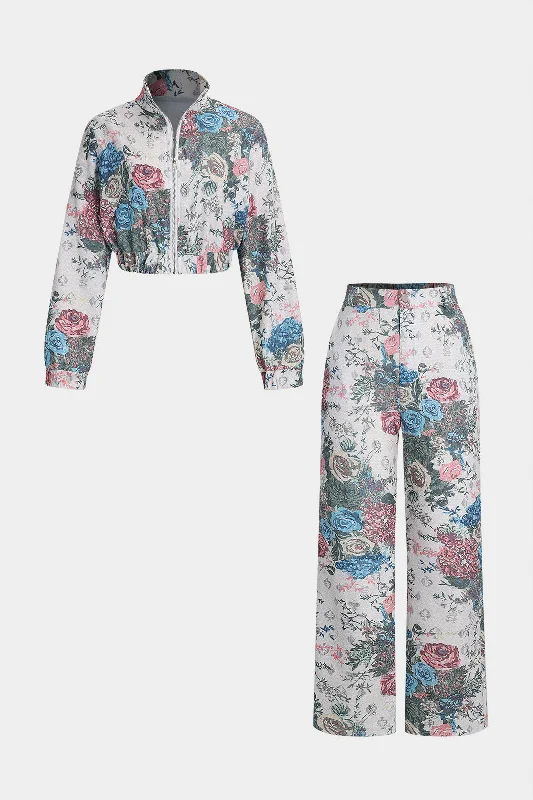 Soft Wear Floral Print Zipper Stand Collar Top And Trousers Set