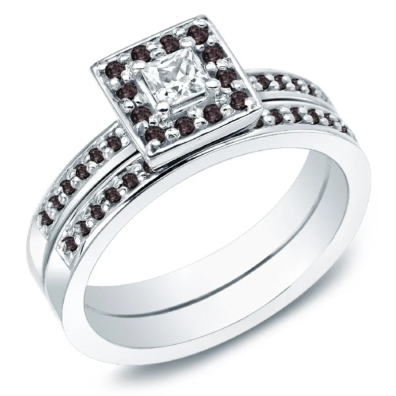 French Style Auriya 14k Gold 1/2ctw Princess Cut Halo Black Diamond Engagement Ring Set French Style Auriya 14k Gold 1/2ctw Princess Cut Halo Black Diamond Engagement Ring Set