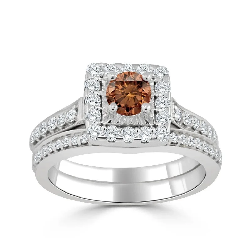 Fashionable And Fashionable 14k Gold Round 1ct TDW Brown Diamond Halo Engagement Ring Set by Auriya Fashionable And Fashionable 14k Gold Round 1ct TDW Brown Diamond Halo Engagement Ring Set by Auriya