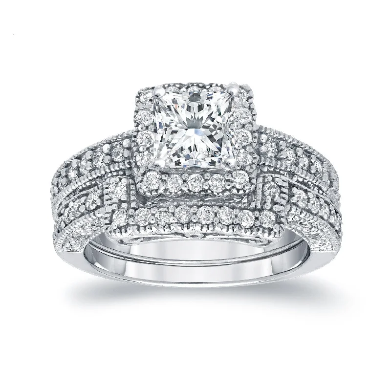 Exquisite Craftsmanship Auriya 14k Gold 1 3/4ctw Vintage Princess-cut Diamond Halo Engagement Ring Set Exquisite Craftsmanship Auriya 14k Gold 1 3/4ctw Vintage Princess-cut Diamond Halo Engagement Ring Set