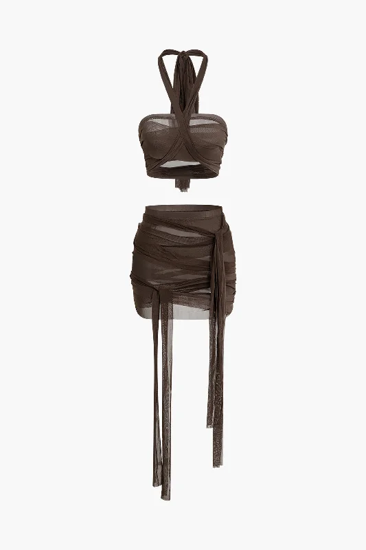 Casual Elegance Knot Tie Halter Mesh Tank Top And Mini Skirt Set