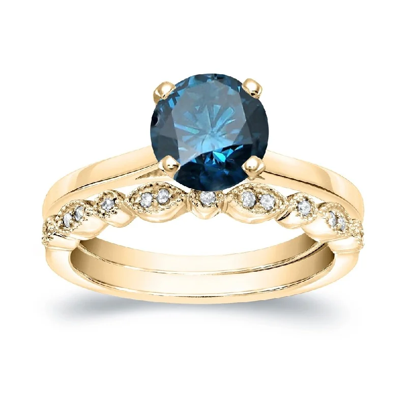 Lazy Home Auriya Vintage Stackable 1 1/6ctw Solitaire Blue Diamond Engagement Ring Set 14K Gold Lazy Home Auriya Vintage Stackable 1 1/6ctw Solitaire Blue Diamond Engagement Ring Set 14K Gold