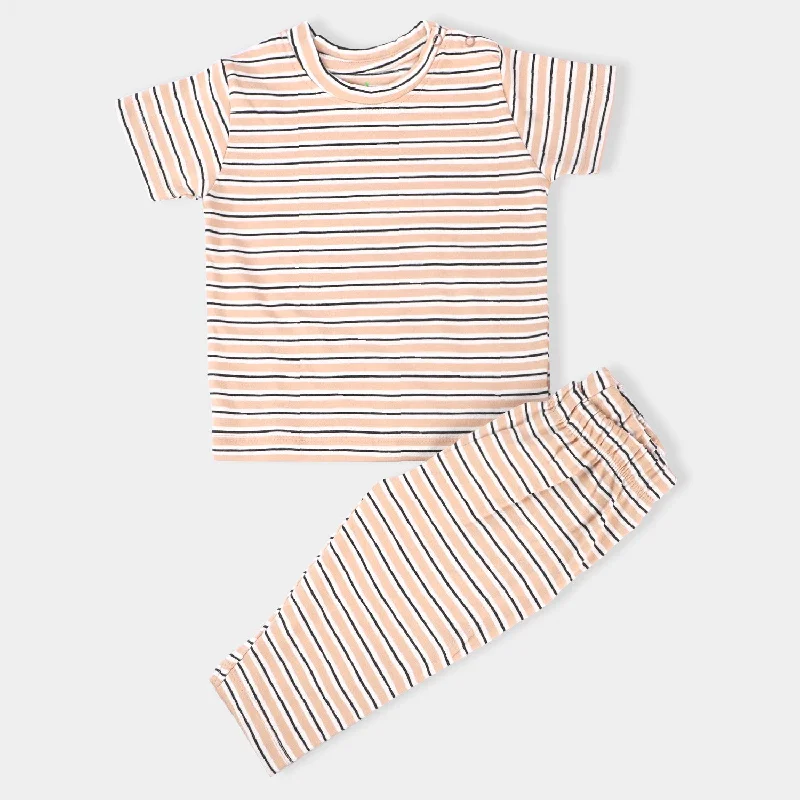 Comfortable down Infant Boys Yarn Dyed Knitted Night Suit -Sand