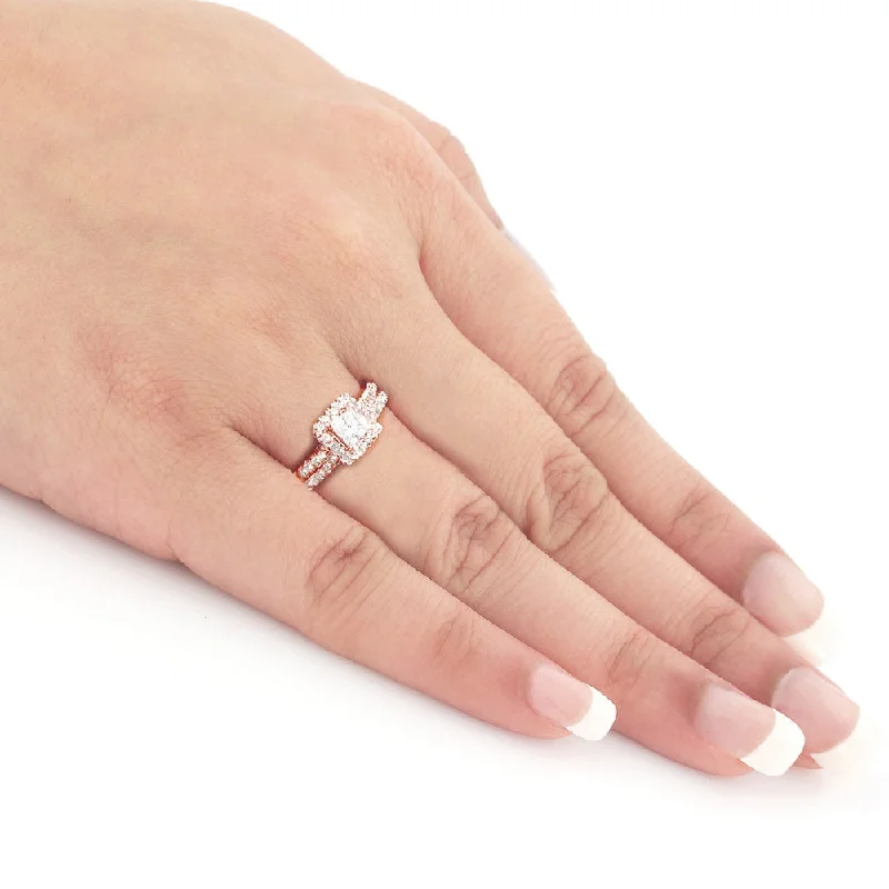 Fashionable Items Auriya 14k Rose Gold 3/4ctw Princess-cut Diamond Halo Engagement Ring Set Fashionable Items Auriya 14k Rose Gold 3/4ctw Princess-cut Diamond Halo Engagement Ring Set