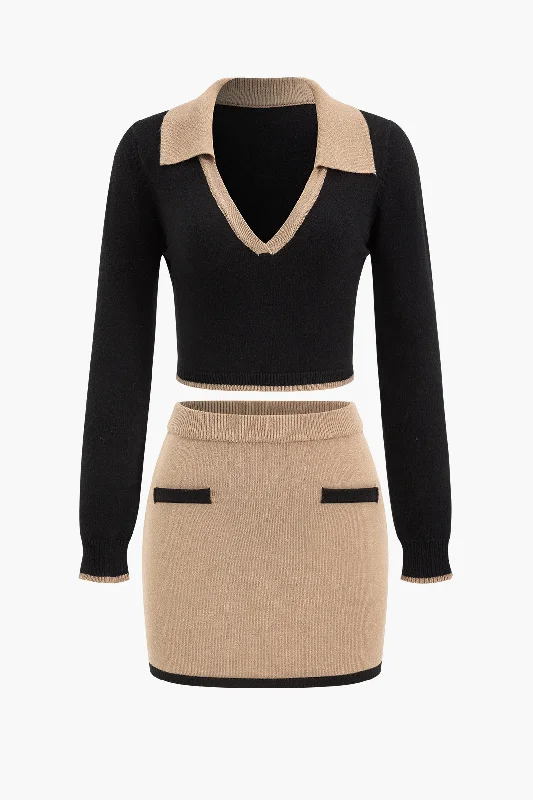 Cozy Chic Contrast Sweater And Skirt Set