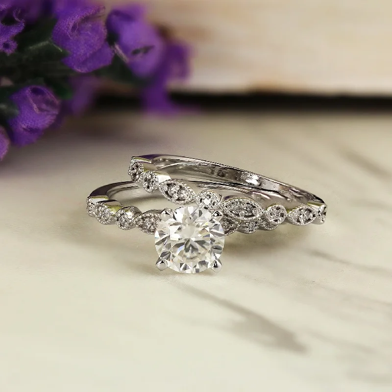 Floral Prints Auriya 1 carat TW Vintage Moissanite and Diamond Engagement Ring Set 14k Gold Floral Prints Auriya 1 carat TW Vintage Moissanite and Diamond Engagement Ring Set 14k Gold