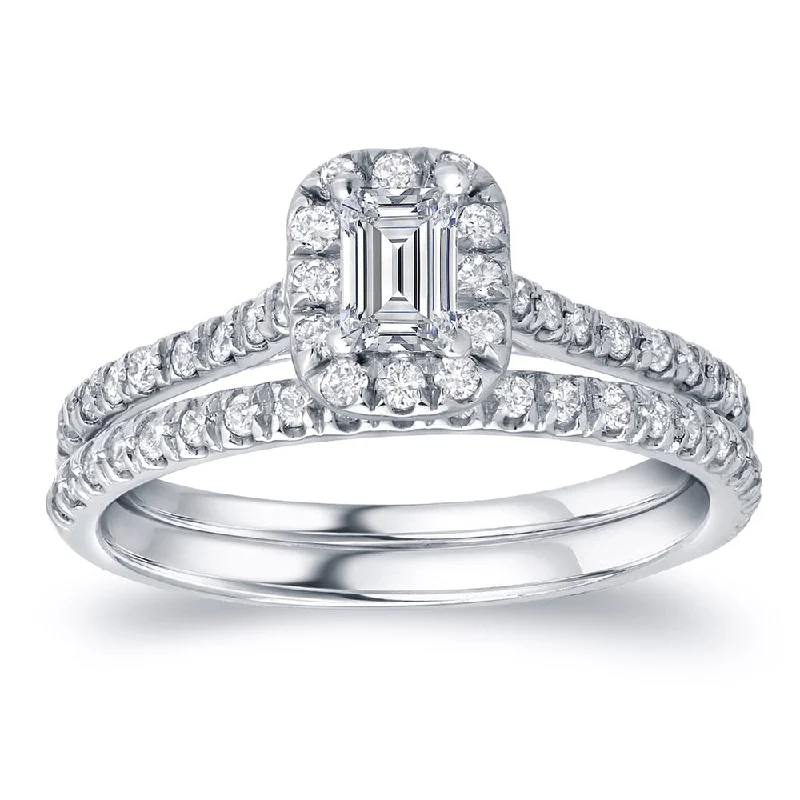 Youthful Street Fashion Auriya Platinum 1 carat TW Emerald-cut Halo Diamond Engagement Ring Set Youthful Street Fashion Auriya Platinum 1 carat TW Emerald-cut Halo Diamond Engagement Ring Set