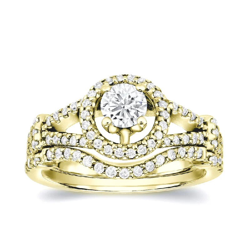 New Products Auriya 14k Gold 1 1/4ctw Modern Round Diamond Halo Engagement Ring Set