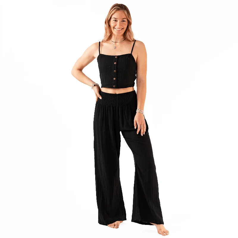 Wearable At Home Or Out Black Cotton Crop Top & Wide Leg Pants Lounge Set