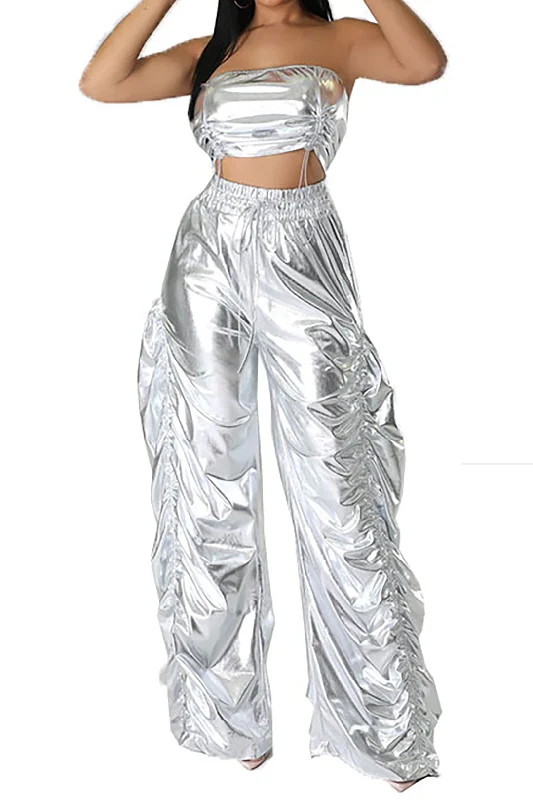 Weekend Style Metallic Drawstring Tube Top And Gathered Wide Leg Pants