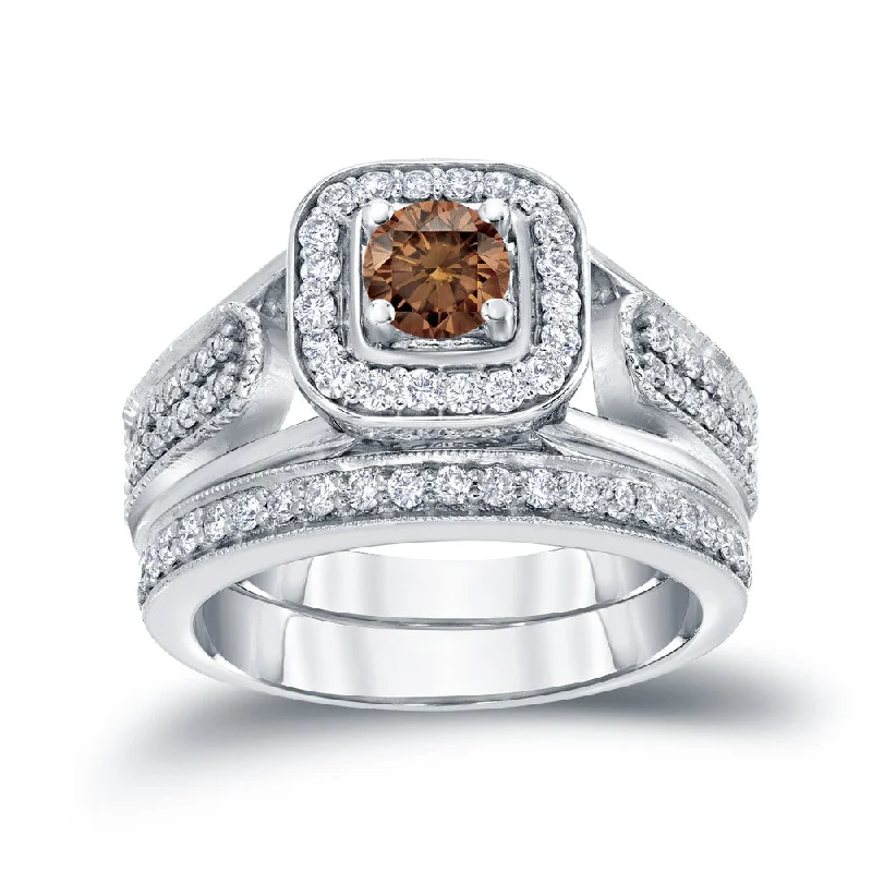 Exquisite Embroidery 14k Gold 3/4ct TDW Brown Diamond Halo Engagement Ring Set by Auriya Exquisite Embroidery 14k Gold 3/4ct TDW Brown Diamond Halo Engagement Ring Set by Auriya