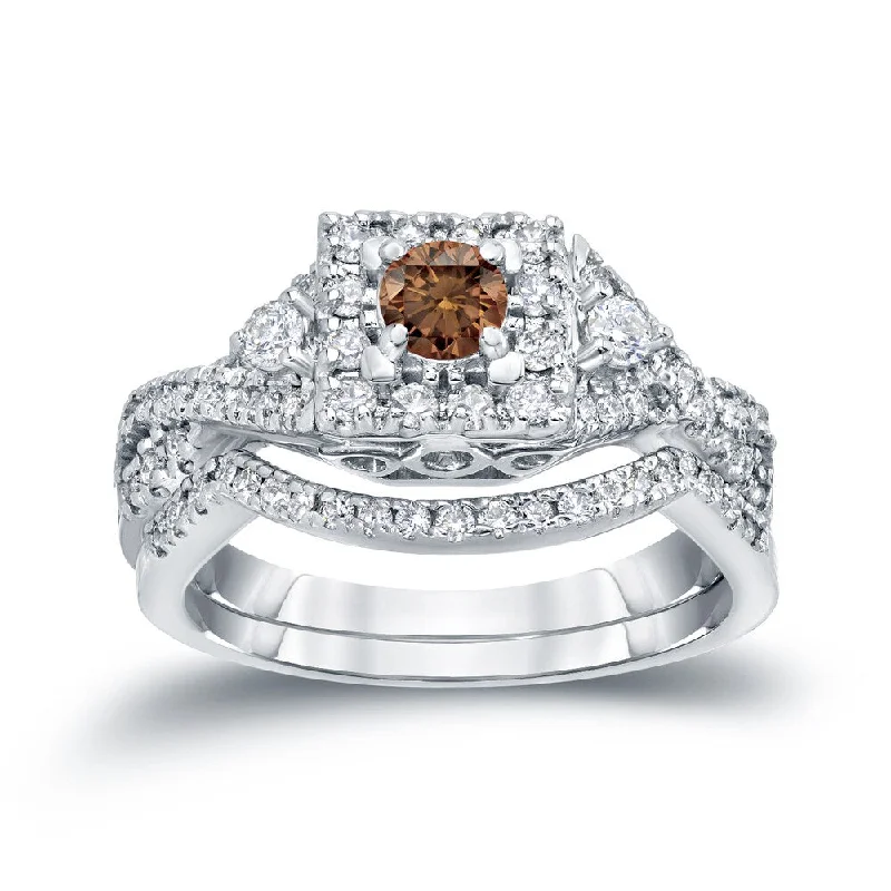 Soft And Comfortable 14k Gold 3/4ct TDW Infinity Braided Brown Diamond Halo Engagement Ring Set by Auriya Soft And Comfortable 14k Gold 3/4ct TDW Infinity Braided Brown Diamond Halo Engagement Ring Set by Auriya