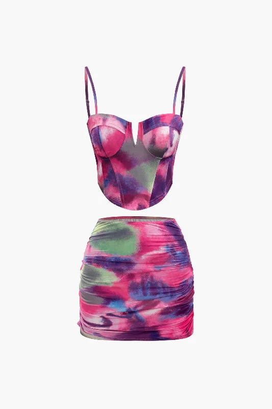 Fashionable Ease Abstract Print Corset Top And Mini Skirt Set