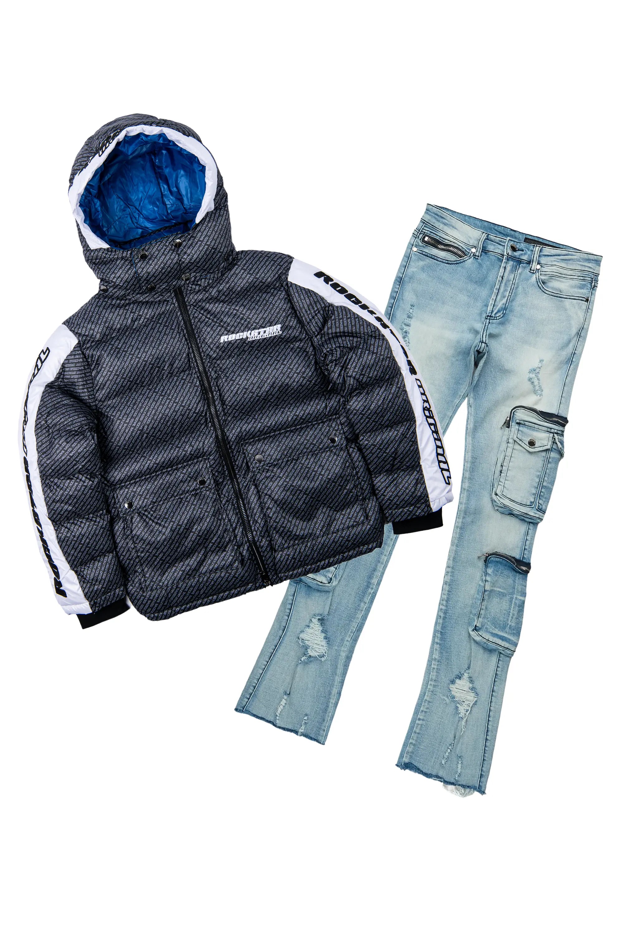 Simple Chic Bryson Puffer Black & Sutton Blue Super Stacked Flare Jean Bundle