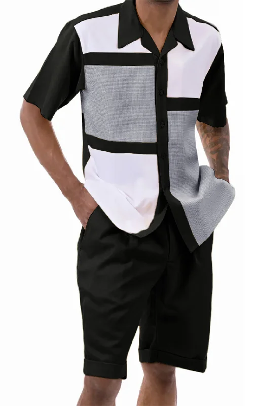 Fashion Concept Black Houndstooth Color Block Walking Suit 2 Piece Short Sleeve Set with Shorts