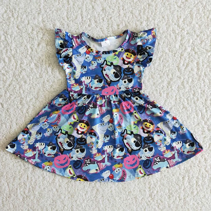 Cozy Fashion B14-12 Blue Shark Cartoon Print Girls Short Sleeve Dresses