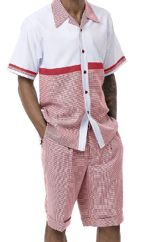 Sports Style Red 2 Piece Short Sleeve Walking Suit Set Horizontal Color Block with Shorts Sports Style Red 2 Piece Short Sleeve Walking Suit Set Horizontal Color Block with Shorts