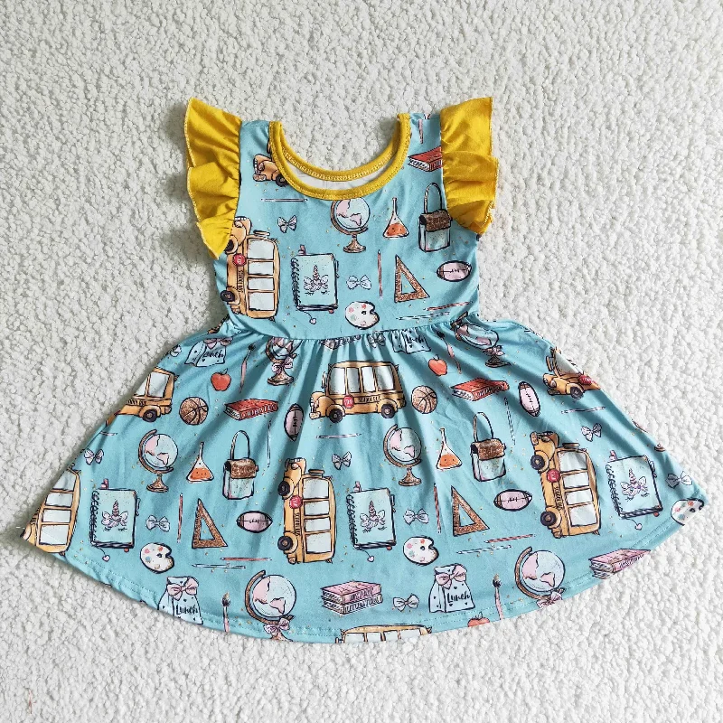 Knitted Design GSD0054 Back To School Blue Girls Flutter Sleeve Dresses