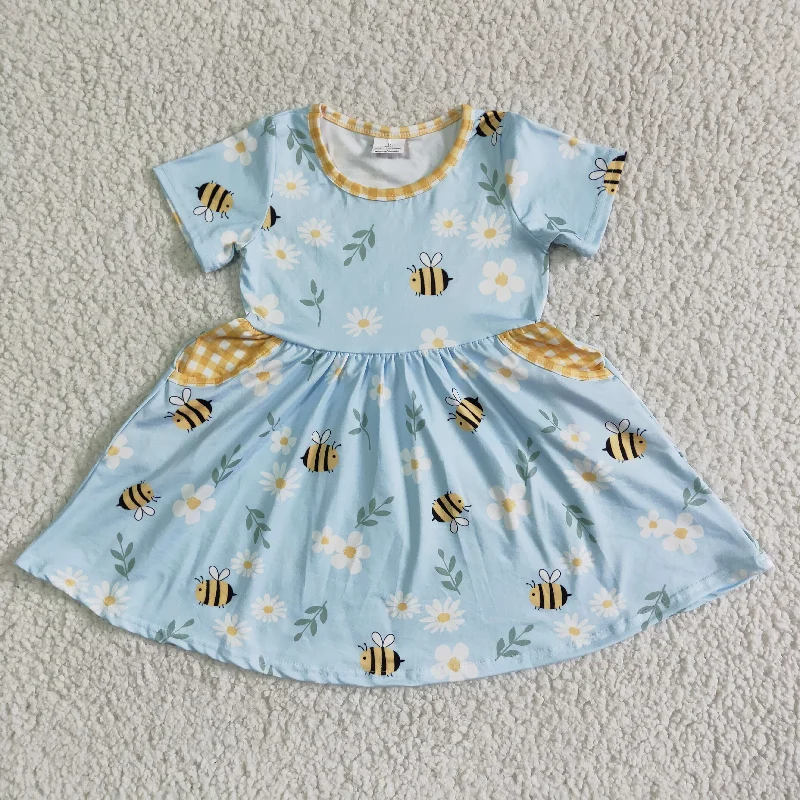 Elegant And Charming GSD0021 Bee Floral Blue Yellow Print Girls Short Sleeve Dresses Elegant And Charming GSD0021 Bee Floral Blue Yellow Print Girls Short Sleeve Dresses