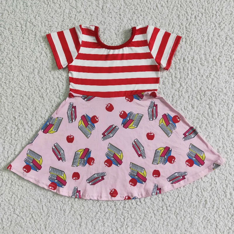 Street Charm GSD0088 Back To School Red Stripes Book Apple Girls Short Sleeve Dresses Street Charm GSD0088 Back To School Red Stripes Book Apple Girls Short Sleeve Dresses