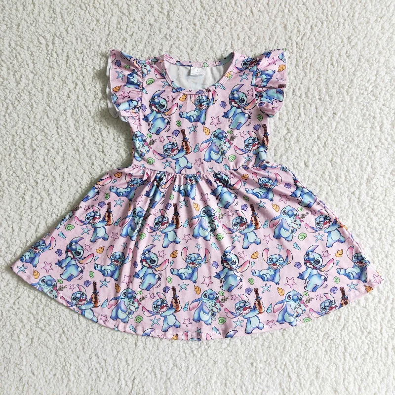 Fashion Style Clearance GSD0012 Pink Blue Cartoon Girls Flutter Sleeve Dresses