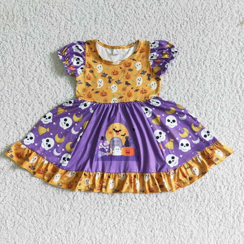 Soft Comfort Wear GSD0125 Halloween Ghost Bat Cartoon Pumpkin Purple Yellow Girls Patchwork Flutter Sleeve Dresses Soft Comfort Wear GSD0125 Halloween Ghost Bat Cartoon Pumpkin Purple Yellow Girls Patchwork Flutter Sleeve Dresses