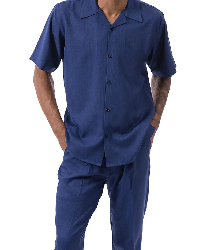 Basic Version Men's 2 Piece Walking Suit Summer Short Sleeves in Navy