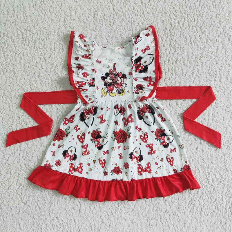 Warm And Comfortable GSD0069 Red Cartoon Love Belt Girls Flutter Sleeve Dresses