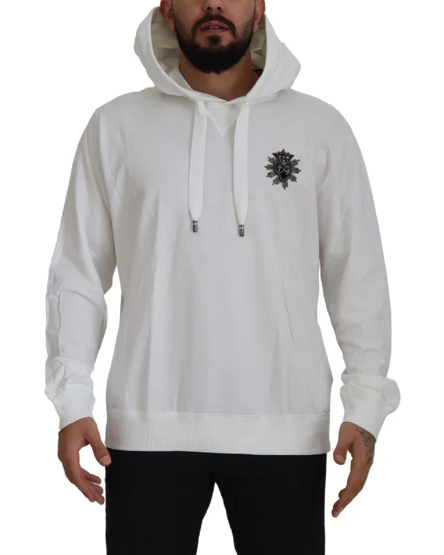 Dolce & Gabbana  Men's Embroidered Logo Hooded Sweatshirt - White     White Cotton Knit Hooded Sweatshirt with Embroidered Logo    Men's  Embroidered Logo Hooded Sweatshirt     White Hooded Sweatshirt with